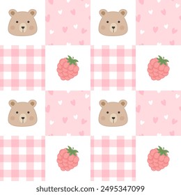 Seamless pattern with bears, raspberries and hearts on a checkered background. Baby background in a pastel palette. Perfect for for wrapping paper, clothes, textiles.
