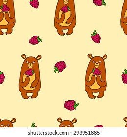 Seamless pattern with bears and raspberry