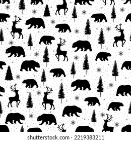 Seamless pattern with bears, reindeers, snowflakes and trees. Winter seamless pattern