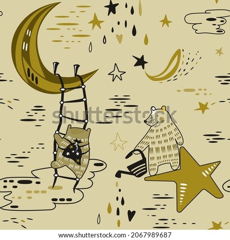 Seamless pattern with bears in Scandinavian style. A bear climbs a ladder to the moon. A bear makes a star rain out of a watering can