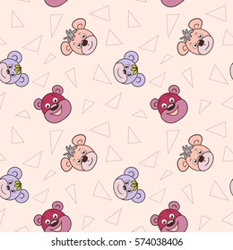 Seamless pattern with bears smiling. Three positive cartoon face and triangles of different sizes on a beige background