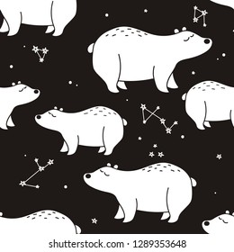 Seamless pattern, bears, stars, constellations, hand drawn overlapping backdrop. Black and white background vector. Illustration with animals. Decorative wallpaper, good for printing