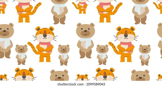 seamless pattern with bears and tigers on a white background