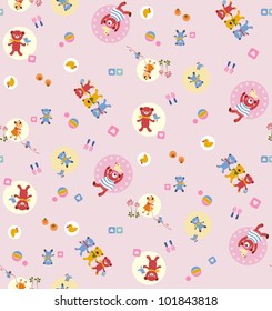 Seamless pattern with bears, toys and hearts.