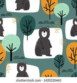 Seamless pattern, bears and trees, hand drawn overlapping backdrop. Colorful background vector. Illustration with animals. Decorative wallpaper, good for printing