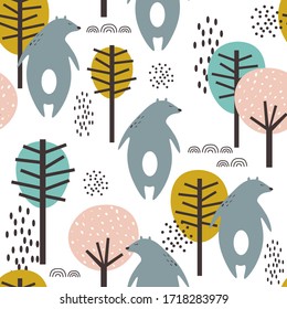 Seamless pattern, bears and trees, hand drawn overlapping backdrop. Colorful background vector. Illustration with animals. Decorative wallpaper, good for printing