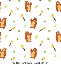 Seamless pattern with bears, wooden spoon with honey dripping, hand drawn leaves with trendy textures. Image for printing on wrapping paper and canvas, for kids, poster or banner. Cartoon flat 