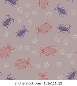 Seamless pattern with beatles on the dark background.