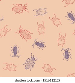 Seamless pattern with beatles on the dark background.