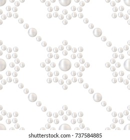 Seamless pattern of beautiful 3D shiny natural White Pearl in garlands. Can be used for wedding or any holiday gift paper or textile. Precious jewelry print. Vector Illustration. 