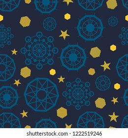Seamless pattern of beautiful abstract blue geometric and star on night background. Holiday concept. Texture can be used for wrapping paper, print, textile, fabric, t-shirt, book cover, wallpaper