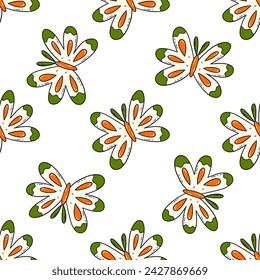 Patrón sin costura con hermosas mariposas abstractas sobre fondo blanco. Ilustración vectorial de colores dibujado a mano doodle. Lindo estampado de polillas para tela o papel, decoración