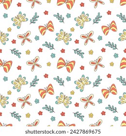 Seamless pattern with beautiful abstract butterflies, flowers and twigs on white background. Colorful vector illustration hand drawn doodle. Cute moths print for fabric or paper