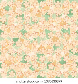 Seamless pattern. Beautiful abstract flowers are located in uneven rows on a striped marble background. Bright colours. Editable.
