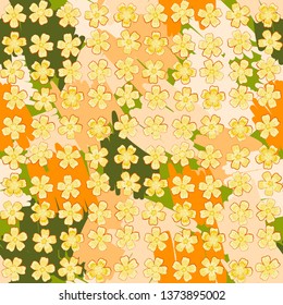 Seamless pattern. Beautiful abstract flowers are arranged in uneven rows on the texture consisting of carelessly shaded spots. Bright colours. Editable.