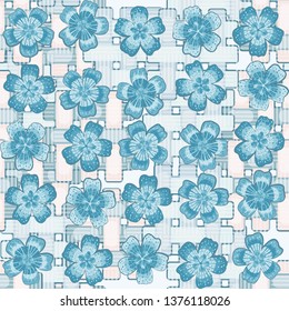 Seamless pattern. Beautiful abstract flowers are arranged in uneven rows on a background texture consisting of abstract wicker mats. Bright colours. Editable.