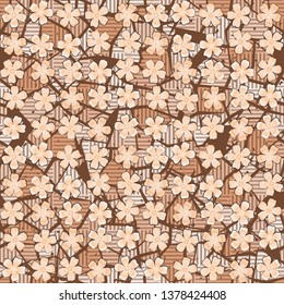 Seamless pattern. Beautiful abstract flowers are located in uneven rows on a striped marble background. Bright colours. Editable.