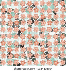 Seamless pattern. Beautiful abstract flowers are located in uneven rows on a striped marble background. Bright colours. Editable.