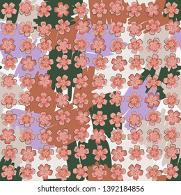 Seamless pattern. Beautiful abstract flowers are arranged in uneven rows on the texture consisting of carelessly shaded spots. Bright colours. Editable.