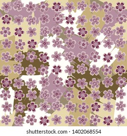 Seamless pattern. Beautiful abstract flowers are arranged in uneven rows on the texture consisting of carelessly shaded spots. Bright colours. Editable.