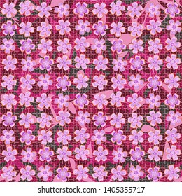 Seamless pattern. Beautiful abstract flowers are located in uneven rows on a spotted background covered with mutually perpendicular lines. Bright colours. Editable.