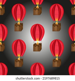 Patrón sin foco con bellos globos de aire con fuego sobre el fondo de gradiente negro estilo. Ilustración vectorial creativa con conjunto de globos de aire. Cartel de excursiones en globo.