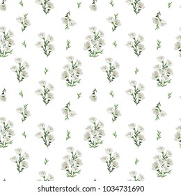 seamless pattern with beautiful apple flowers and leaves on white background. Fashion design. Vector illustration.