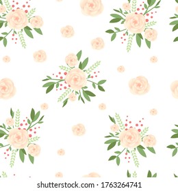 Seamless pattern beautiful beige flower with green leaves and red berries flat vector illustration on white background