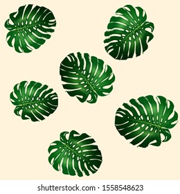 Seamless pattern of beautiful big green leaves Monstera plant, Monstera on yellow background, vector illustration
