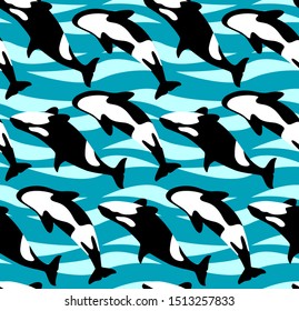 Seamless pattern with beautiful big killer whales floating in the water.