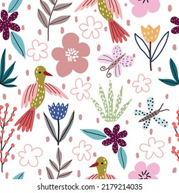 seamless pattern with beautiful birds Beautiful butterflies, dragonflies, tulips, various flowers suitable for fabrics. textile vector illustration