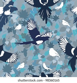 seamless pattern. beautiful birds magpies. leaves and flowers.