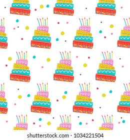 Seamless pattern. Beautiful birthday cake with candles. For printing on textiles, paper. For birthday gift packaging.  Vector illustration.