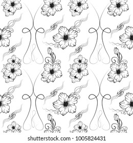 Seamless pattern of beautiful black flowers on a white background. Hand drawing. Contour flowers. Element for design and decoration. Vector illustration.