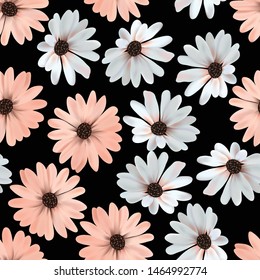 Seamless pattern with beautiful blooming flower isolated black background