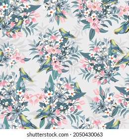 seamless pattern beautiful Blooming flower bouquet and cute bird