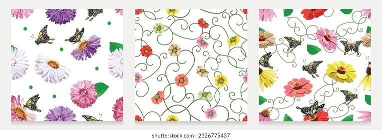 Seamless pattern with beautiful blooming flowers and butterflies. Fairy tale summer bloom. Set of vector seamless pattern in cartoon style.