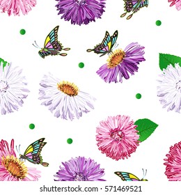 Seamless pattern with beautiful blooming flowers and butterflies. Fairy tale summer bloom. Vector seamless background in cartoon style.