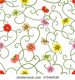 Seamless pattern with beautiful blooming flowers. Fairy tale summer bloom. Vector seamless background in cartoon style.