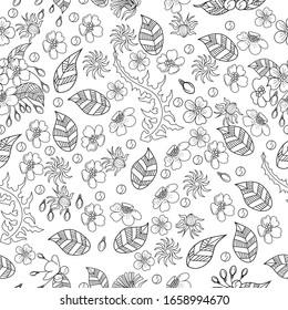 Nahtloses Muster. Schöne blühende, realistische, isolierte Blumen. Hintergrundtextilien. Lineare Grafik.