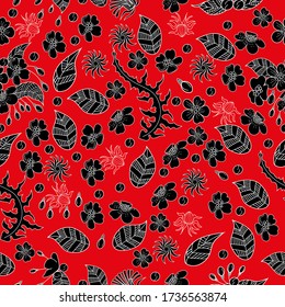 Seamless pattern. Beautiful blooming realistic isolated flowers. Background textile. Linear graphic.