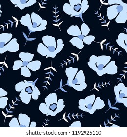 seamless pattern with beautiful blue flowers on a black background