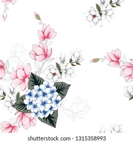Seamless pattern beautiful blue hydrangea and pink Magnolia flowers on isolate white background.Vector illustration hand drawing line art.