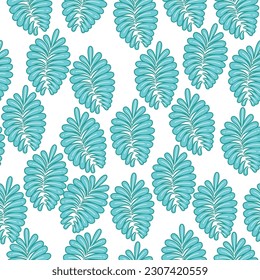 Seamless pattern of beautiful blue leaves arranged randomly. Vector illustration.