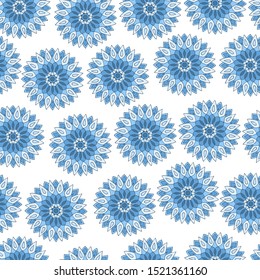 Seamless pattern of beautiful blue mandalas on a white background, for fabric print, notebook covers and other design
