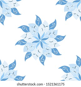 Seamless pattern of beautiful blue mandalas on a white background, for printing on fabric, notebook covers, finishing tiles in the interior