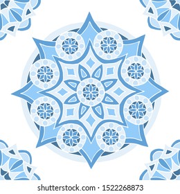 Seamless pattern of beautiful blue mandalas on a white background, for printing on fabric, notebook covers, finishing tiles in the interior