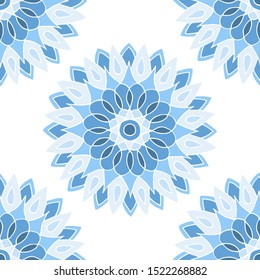 Seamless pattern of beautiful blue mandalas on a white background, for printing on fabric, notebook covers, finishing tiles in the interior