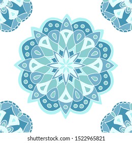 Seamless pattern of beautiful blue mandalas on a white background, for printing on fabric, notebook covers, finishing tiles in the interior
