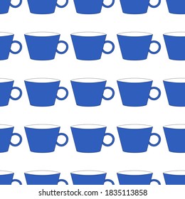 
Patrón inmaculado con una hermosa taza azul pastel sobre un fondo blanco. Impresiones antiguas en estilo plano para el interior. Ilustración vectorial de material para decoración y diseño, tela.
